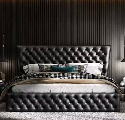 Modern Luxury Black Italian Leather Tufted Storage Bed