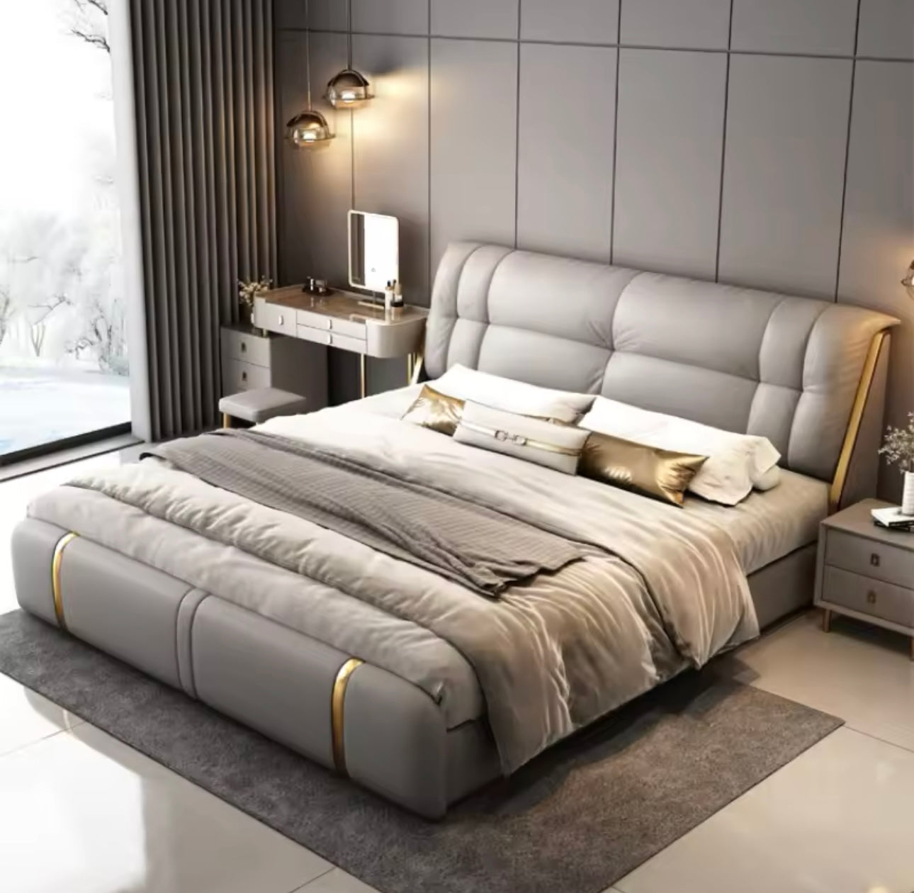 Luxury Modern Italian Villa King Size Leather Bed Frame with Storage – Elegant Double Bed for Contemporary Homes