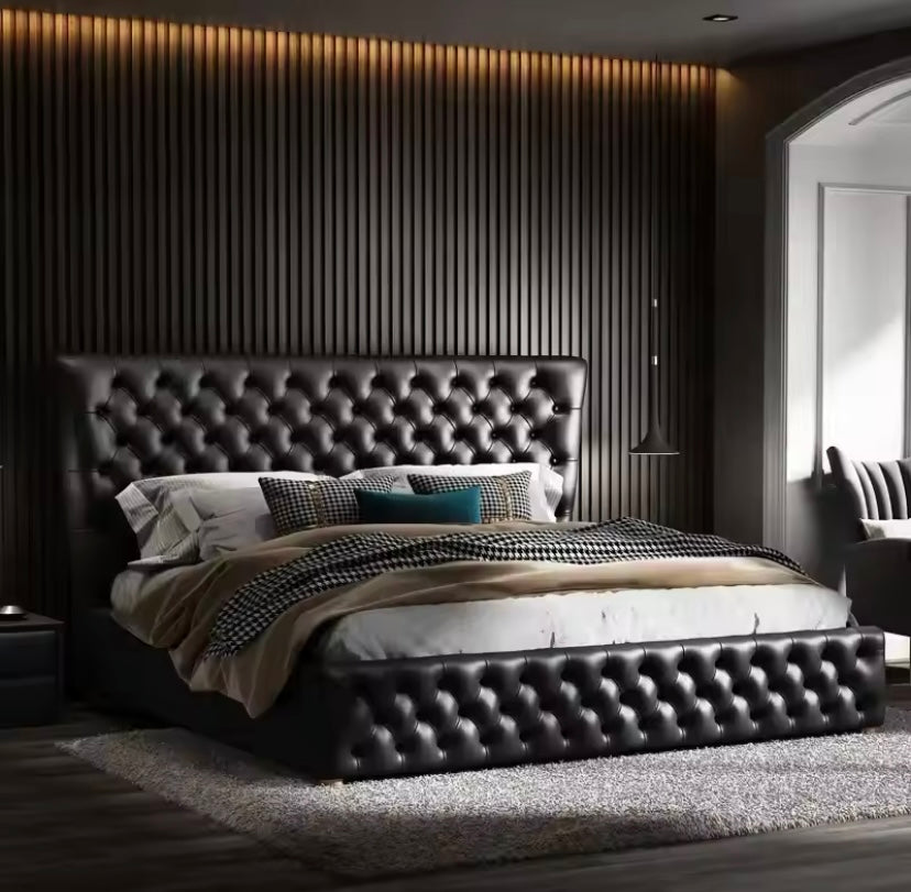 Modern Luxury Black Italian Leather Tufted Storage Bed