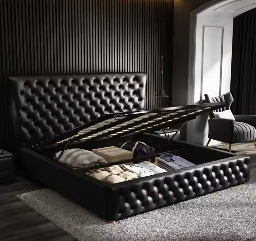 Modern Luxury Black Italian Leather Tufted Storage Bed