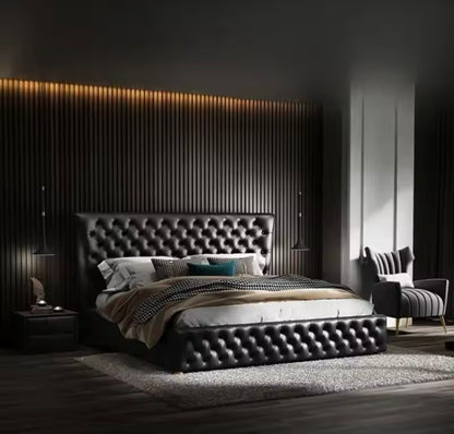 Modern Luxury Black Italian Leather Tufted Storage Bed