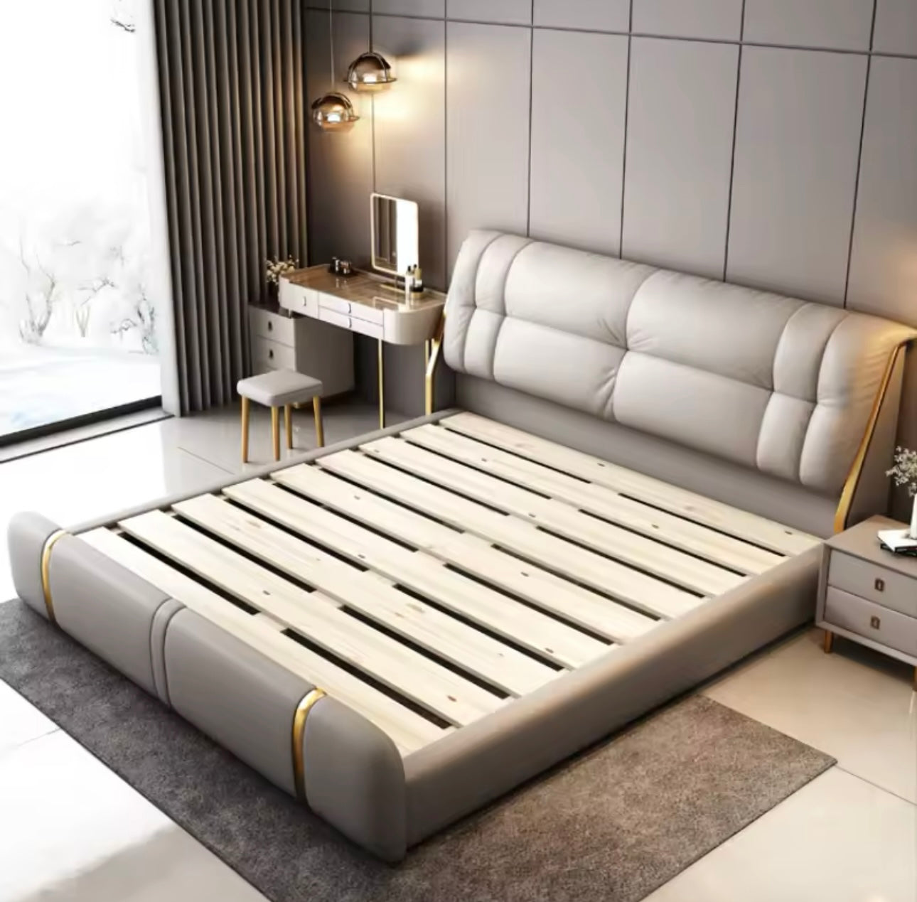 Luxury Modern Italian Villa King Size Leather Bed Frame with Storage – Elegant Double Bed for Contemporary Homes